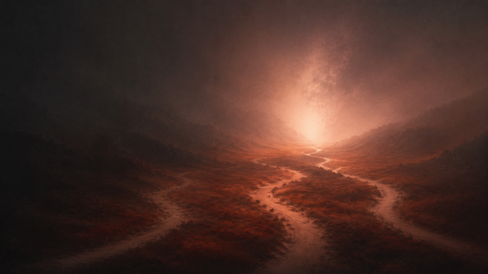 Warm pathways converging toward light in a dark rose and umber landscape
